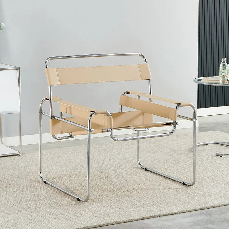 Light Luxury Italian Designer Chair for Living Room, Saddle Leather Stainless Steel Single Sofa Chair,Comfort Seat for Home