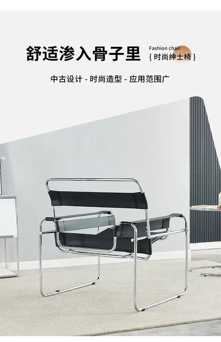 Light Luxury Italian Designer Chair for Living Room, Saddle Leather Stainless Steel Single Sofa Chair,Comfort Seat for Home
