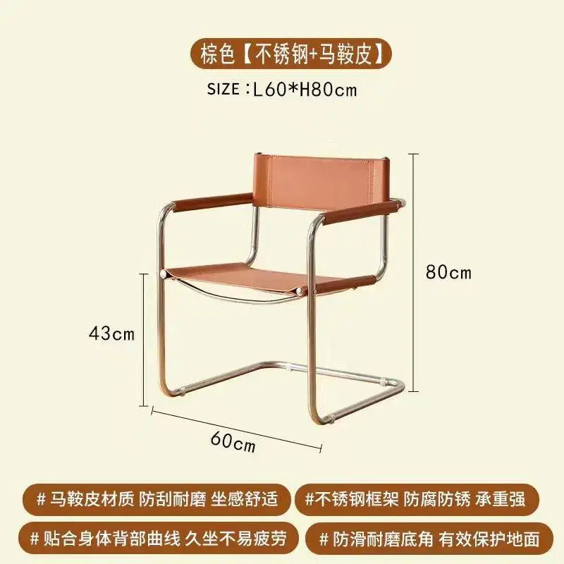 Light Luxury Italian Designer Chair for Living Room, Saddle Leather Stainless Steel Single Sofa Chair,Comfort Seat for Home