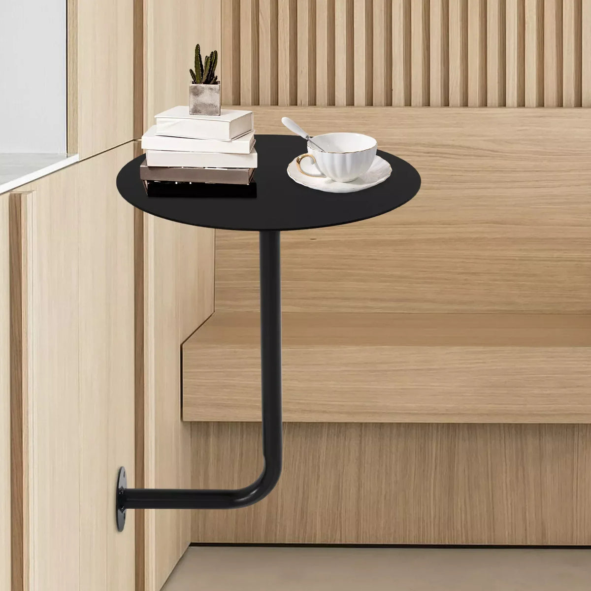 Wall Mounted L-Shaped Round Black Bar Table Space-Saving Table- Ideal for Coffee, Pub & Counter Use At Bar Height