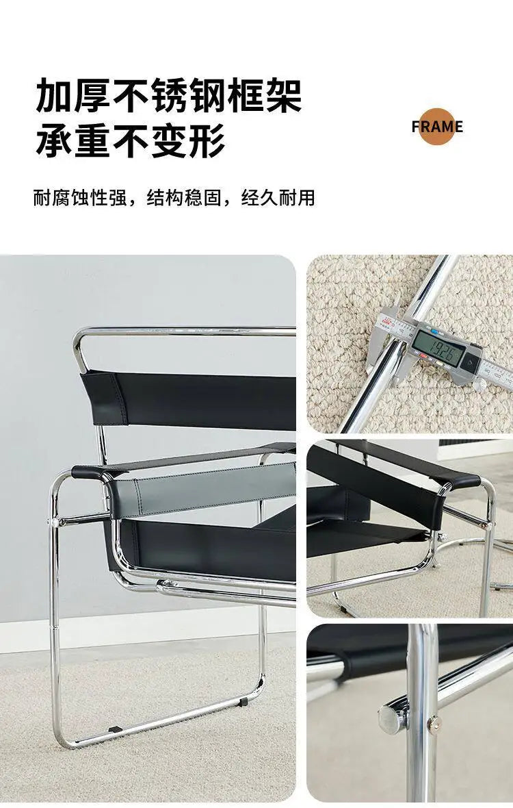 Light Luxury Italian Designer Chair for Living Room, Saddle Leather Stainless Steel Single Sofa Chair,Comfort Seat for Home