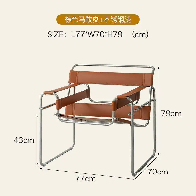 Light Luxury Italian Designer Chair for Living Room, Saddle Leather Stainless Steel Single Sofa Chair,Comfort Seat for Home