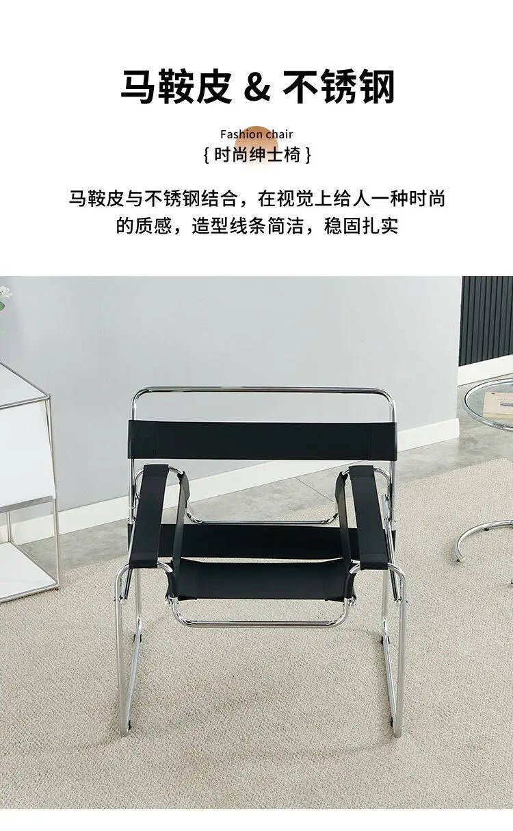 Light Luxury Italian Designer Chair for Living Room, Saddle Leather Stainless Steel Single Sofa Chair,Comfort Seat for Home