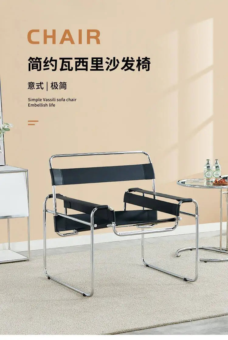 Light Luxury Italian Designer Chair for Living Room, Saddle Leather Stainless Steel Single Sofa Chair,Comfort Seat for Home