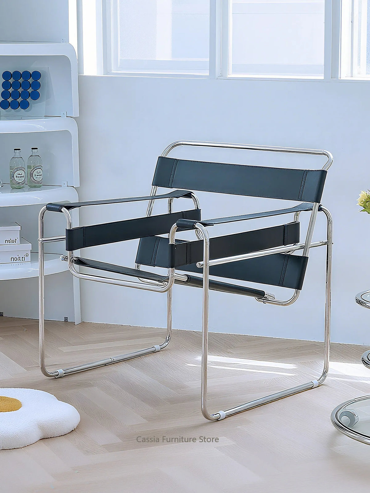 Light Luxury Italian Designer Chair for Living Room, Saddle Leather Stainless Steel Single Sofa Chair,Comfort Seat for Home
