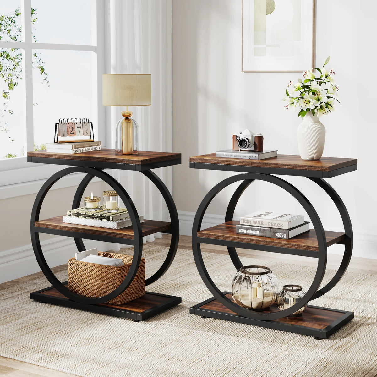 Tribesigns End Table, Narrow End Table with 3 Storage Shelves, Wooden Side Table, Industrial Small Sofa Side Table