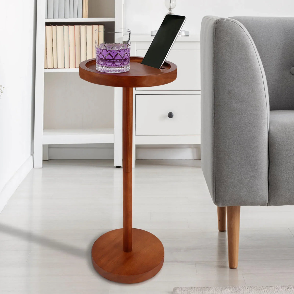 Round Wooden Small Coffee Tables with Phone Holder sofa corner tables with Thickened Base coffee table Living room furniture
