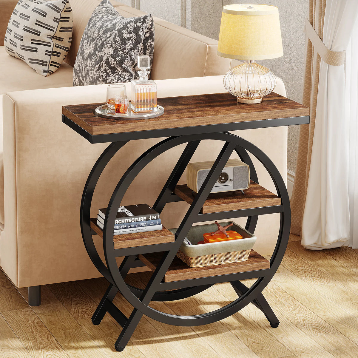 Tribesigns End Table, Narrow End Table with 3 Storage Shelves, Wooden Side Table, Industrial Small Sofa Side Table