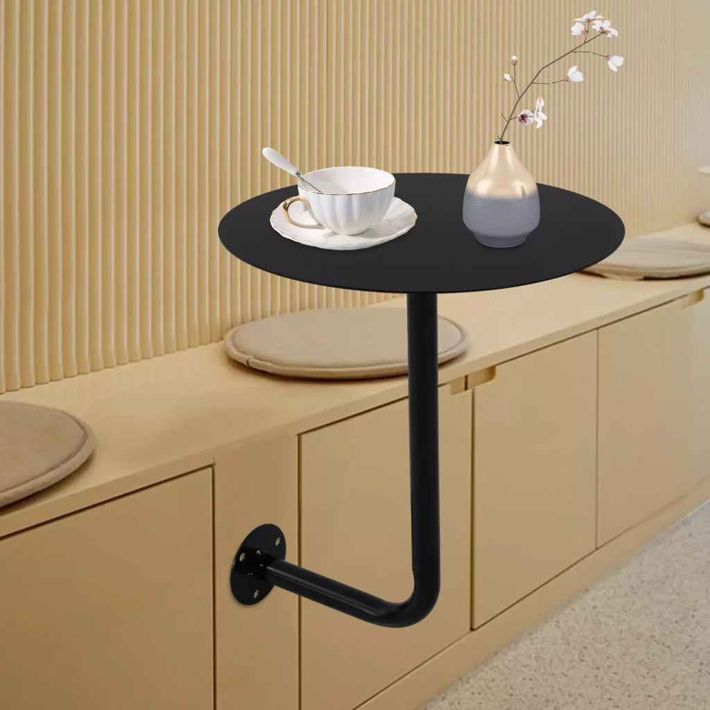 Wall Mounted L-Shaped Round Black Bar Table Space-Saving Table- Ideal for Coffee, Pub & Counter Use At Bar Height