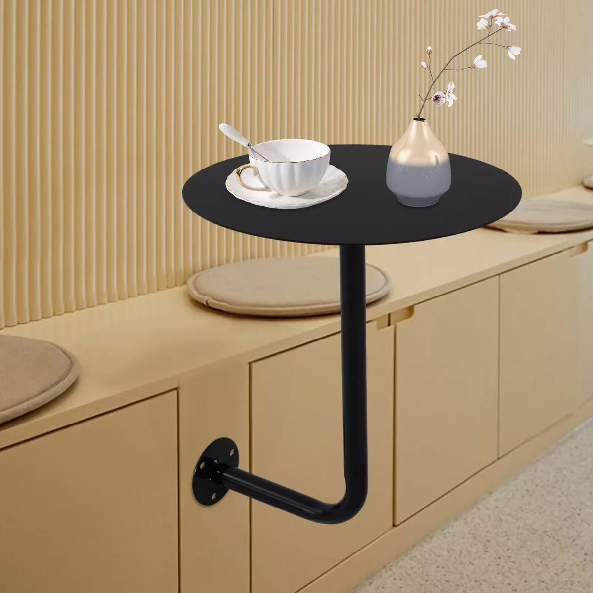 Wall Mounted L-Shaped Round Black Bar Table Space-Saving Table- Ideal for Coffee, Pub & Counter Use At Bar Height