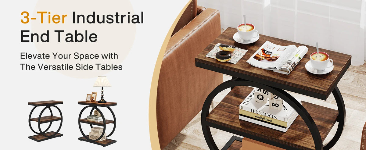 Tribesigns End Table, Narrow End Table with 3 Storage Shelves, Wooden Side Table, Industrial Small Sofa Side Table
