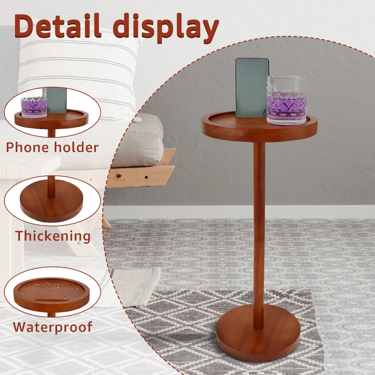 Round Wooden Small Coffee Tables with Phone Holder sofa corner tables with Thickened Base coffee table Living room furniture