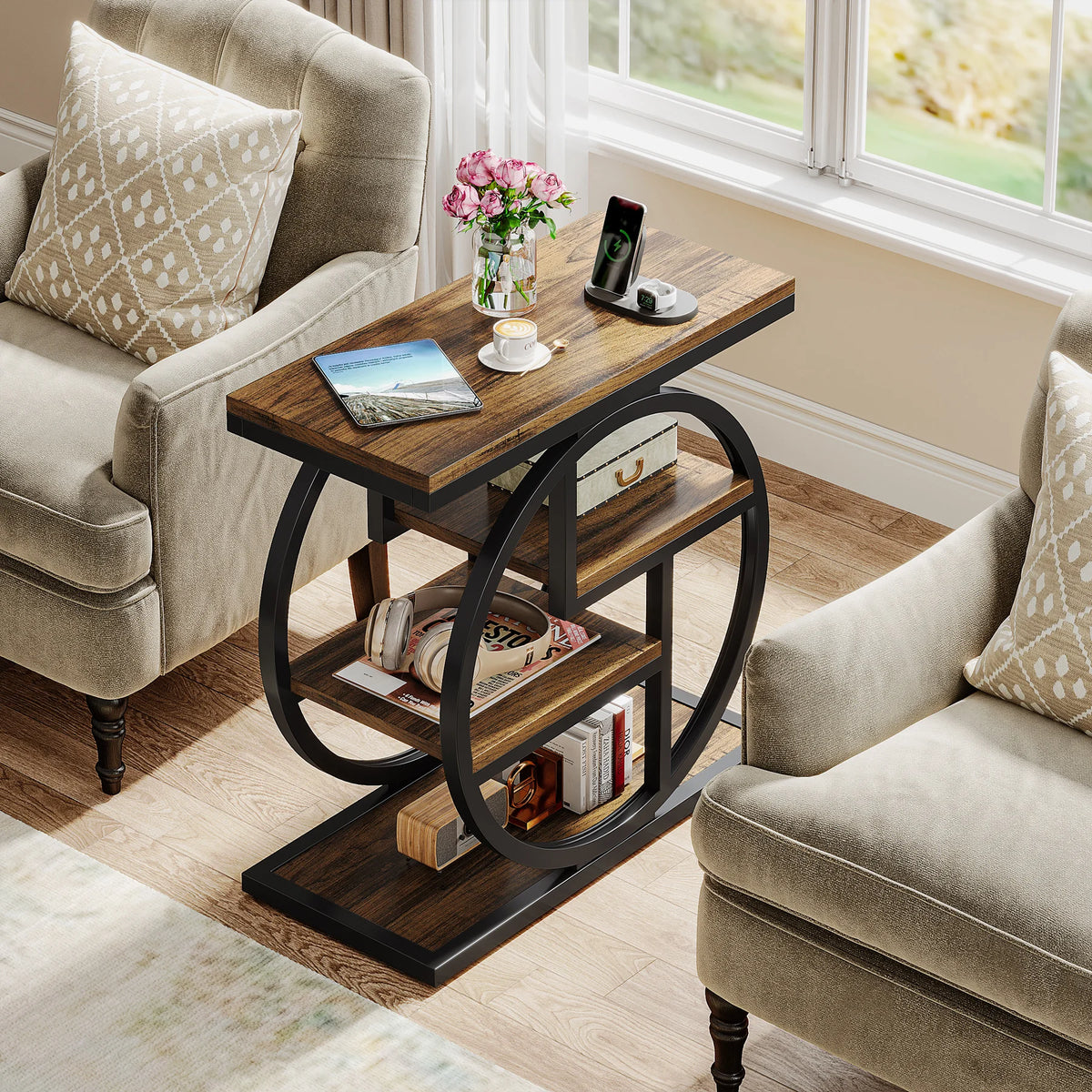 Tribesigns End Table, Narrow End Table with 3 Storage Shelves, Wooden Side Table, Industrial Small Sofa Side Table