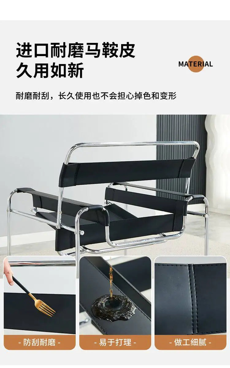 Light Luxury Italian Designer Chair for Living Room, Saddle Leather Stainless Steel Single Sofa Chair,Comfort Seat for Home