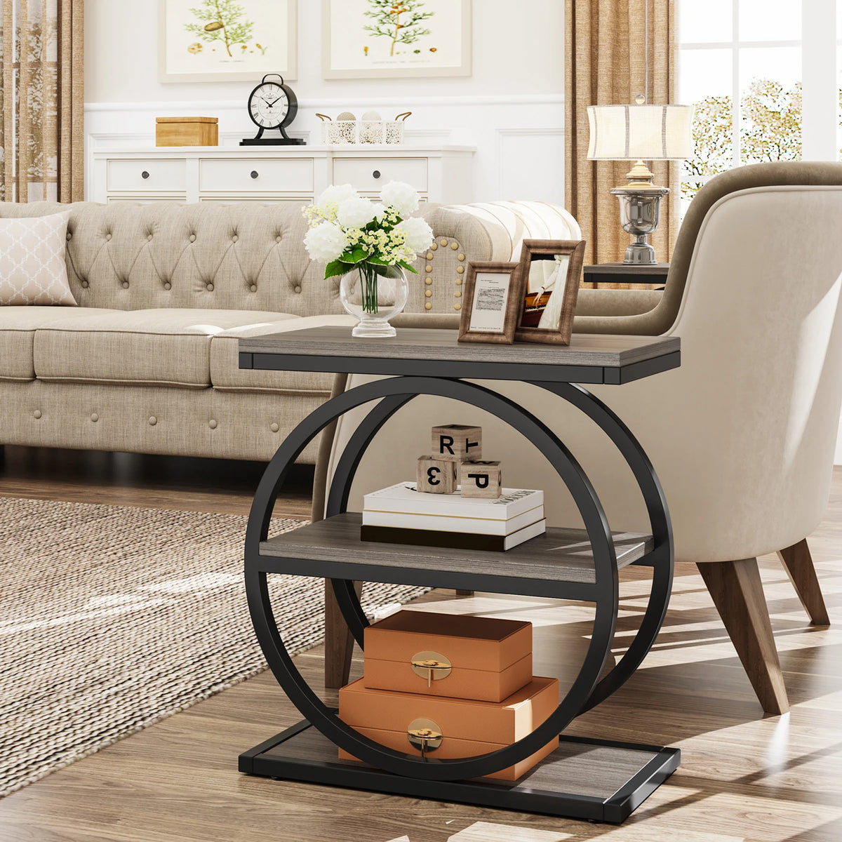 Tribesigns End Table, Narrow End Table with 3 Storage Shelves, Wooden Side Table, Industrial Small Sofa Side Table
